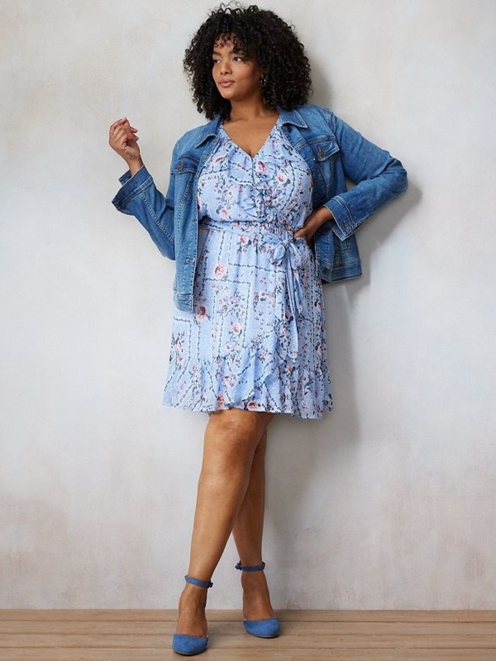 LC Lauren Conrad Light Blue Floral Ruffle Wrap Dress